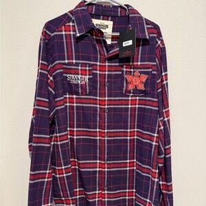 Stranger Things Men's Plaid Button Down Shirt - Red and Blue